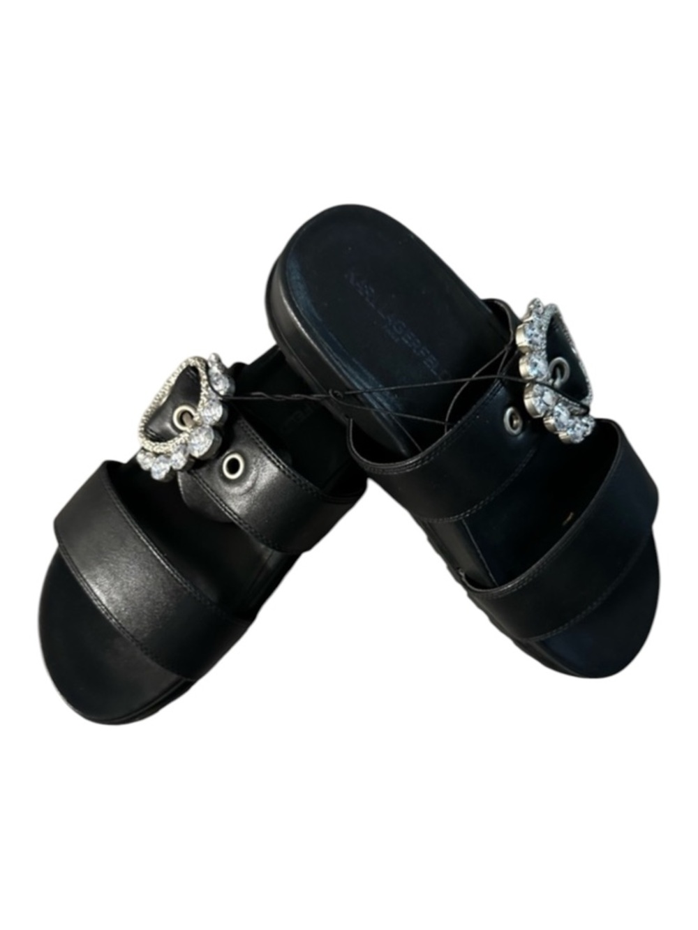 Karl Lagerfeld Black Leather Slide Mules with Crystal Buckle